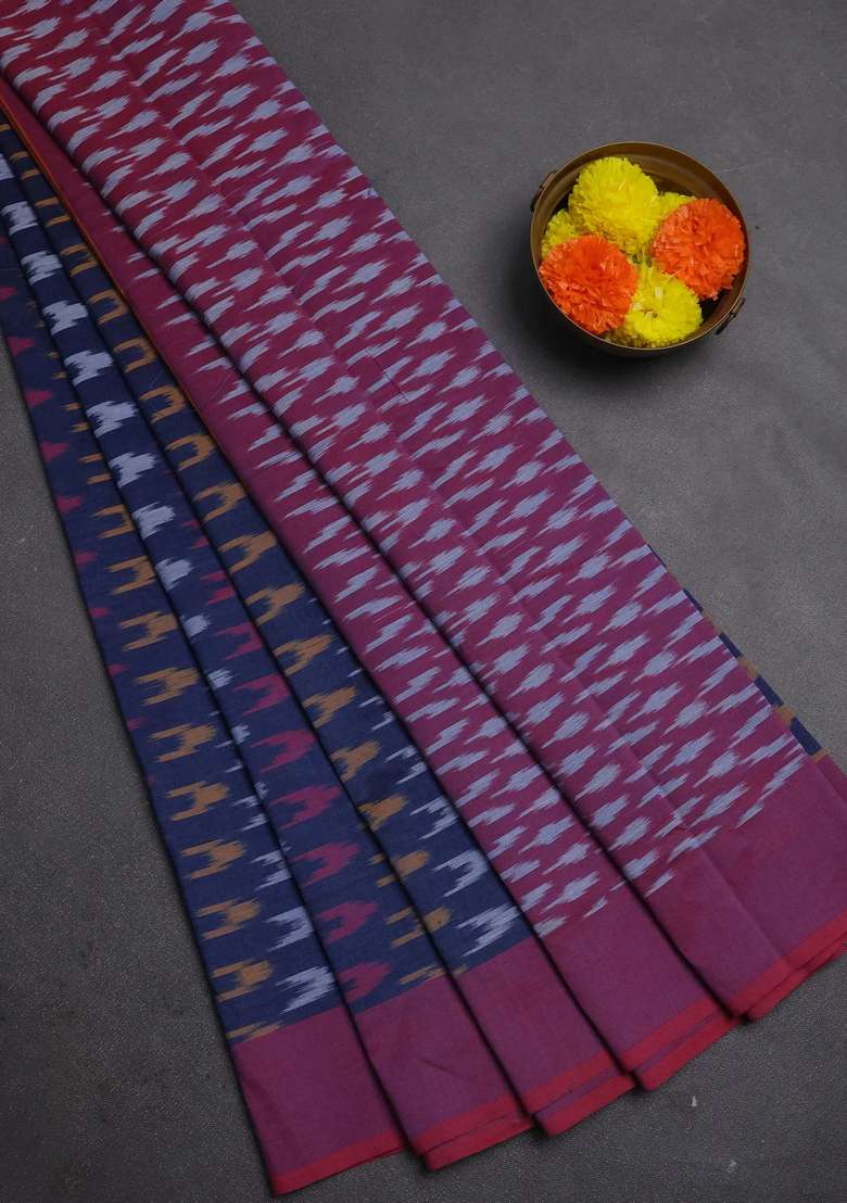 Ikat Cotton Saree Navy Blue And Red With Allover Ikat Weaves And Simple Border With Traditional Woven Design For Women - Indya