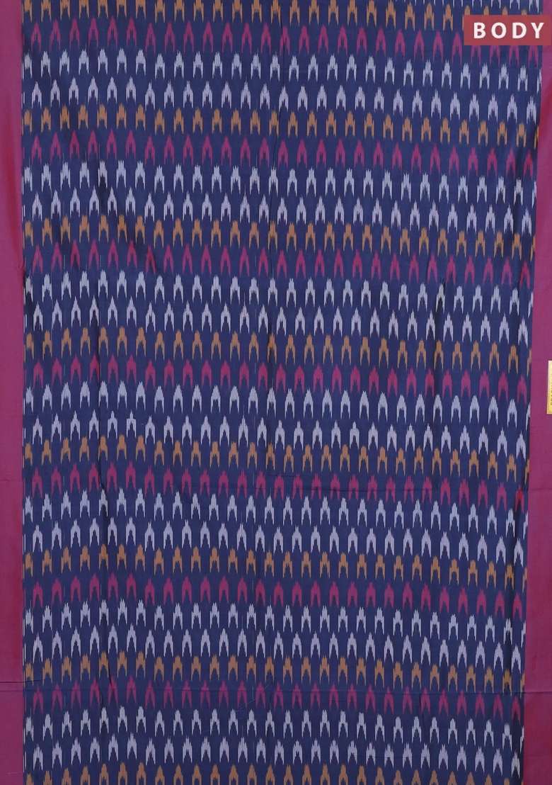 Ikat Cotton Saree Navy Blue And Red With Allover Ikat Weaves And Simple Border With Traditional Woven Design For Women - Indya