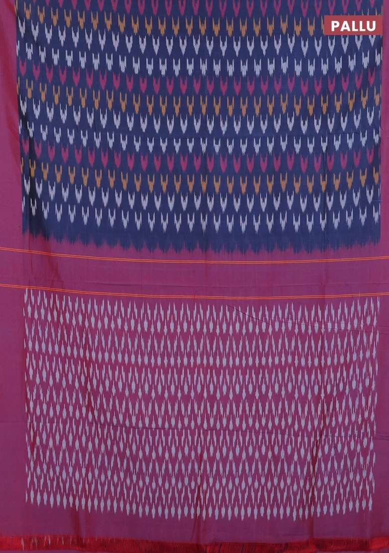 Ikat Cotton Saree Navy Blue And Red With Allover Ikat Weaves And Simple Border With Traditional Woven Design For Women - Indya