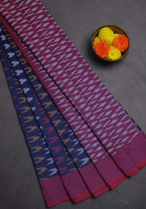 Ikat Cotton Saree Navy Blue And Red With Allover Ikat Weaves And Simple Border With Traditional Woven Design For Women