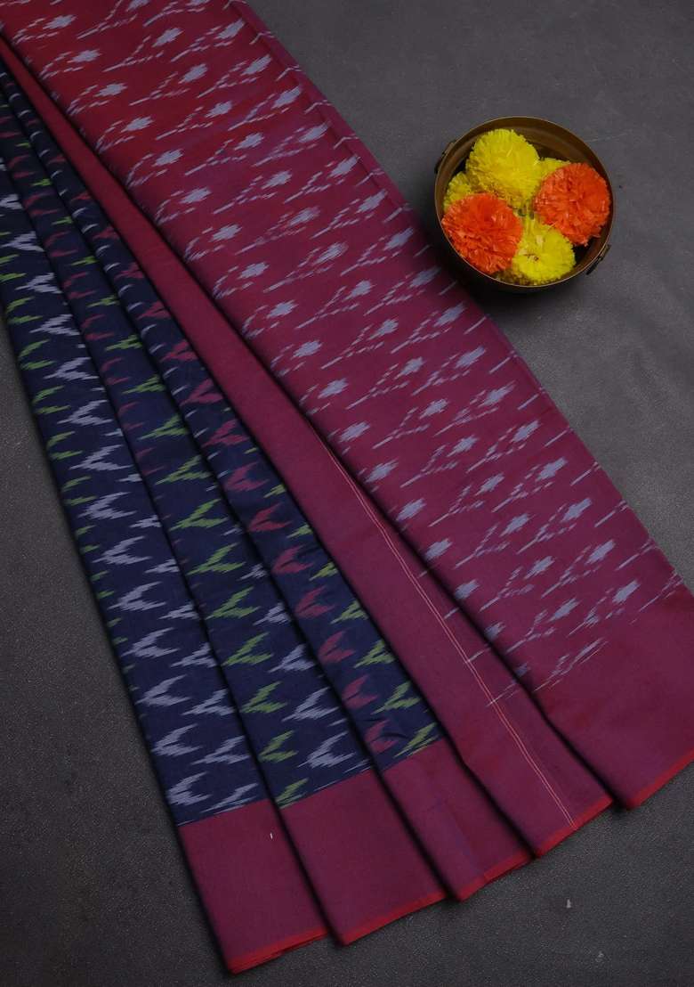 Ikat Cotton Saree Navy Blue And Red With Allover Ikat Weaves And Simple Border With Traditional Woven Design For Women - Indya