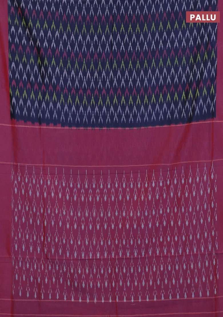 Ikat Cotton Saree Navy Blue And Red With Allover Ikat Weaves And Simple Border With Traditional Woven Design For Women - Indya