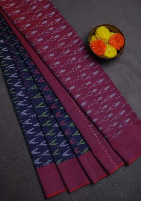 Ikat Cotton Saree Navy Blue And Red With Allover Ikat Weaves And Simple Border With Traditional Woven Design For Women
