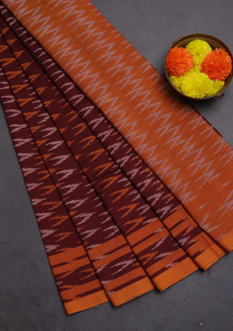 Ikat Cotton Saree Deep Maroon And Mustard Yellow With Allover Ikat Woven Butta Weaves And Rettapet Ikat Woven With Buttas And Brocade Design For Women - Indya