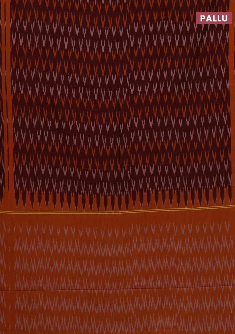 Ikat Cotton Saree Deep Maroon And Mustard Yellow With Allover Ikat Woven Butta Weaves And Rettapet Ikat Woven With Buttas And Brocade Design For Women - Indya