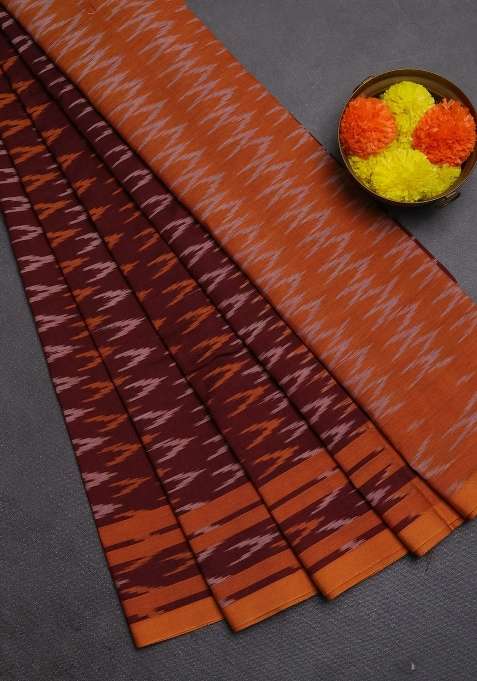 Ikat Cotton Saree Deep Maroon And Mustard Yellow With Allover Ikat Woven Butta Weaves And Rettapet Ikat Woven With Buttas And Brocade Design For Women