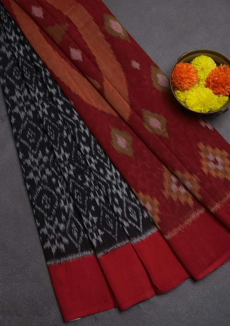 Ikat Cotton Saree Black And Red With Allover Ikat Weaves And Simple Border With Traditional Woven Design For Women - Indya