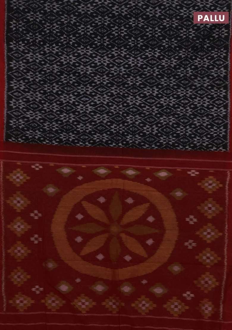 Ikat Cotton Saree Black And Red With Allover Ikat Weaves And Simple Border With Traditional Woven Design For Women - Indya