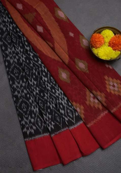 Ikat Cotton Saree Black And Red With Allover Ikat Weaves And Simple Border With Traditional Woven Design For Women