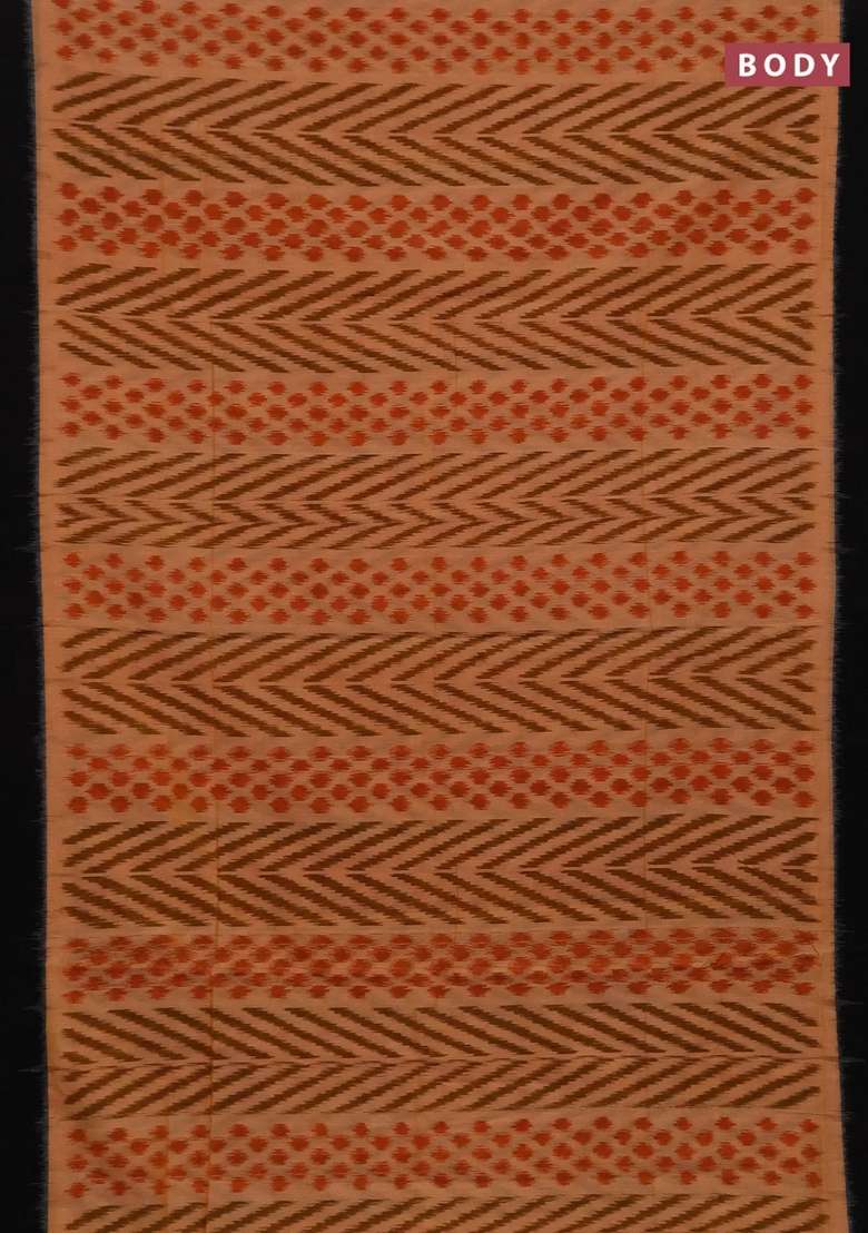 Ikat Cotton Saree Peach Shade And Black With Allover Ikat Weaves And Simple Border With Traditional Woven Design For Women - Indya