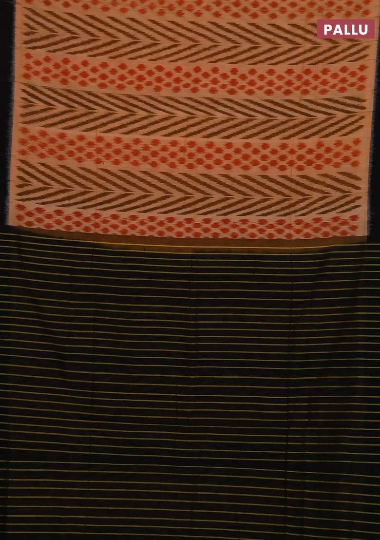 Ikat Cotton Saree Peach Shade And Black With Allover Ikat Weaves And Simple Border With Traditional Woven Design For Women - Indya