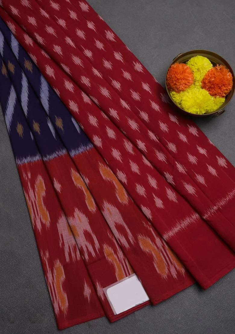 Ikat Cotton Saree Violet And Red With Allover Ikat Weaves And Long Ikat Woven Border With Traditional Woven Design For Women - Indya