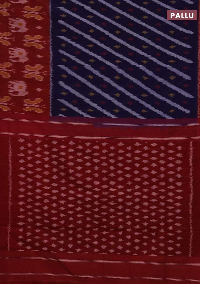 Ikat Cotton Saree Violet And Red With Allover Ikat Weaves And Long Ikat Woven Border With Traditional Woven Design For Women - Indya