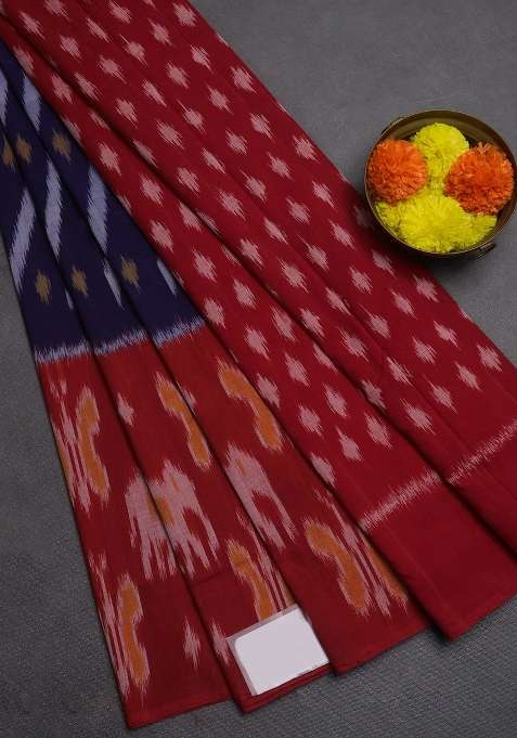 Ikat Cotton Saree Violet And Red With Allover Ikat Weaves And Long Ikat Woven Border With Traditional Woven Design For Women
