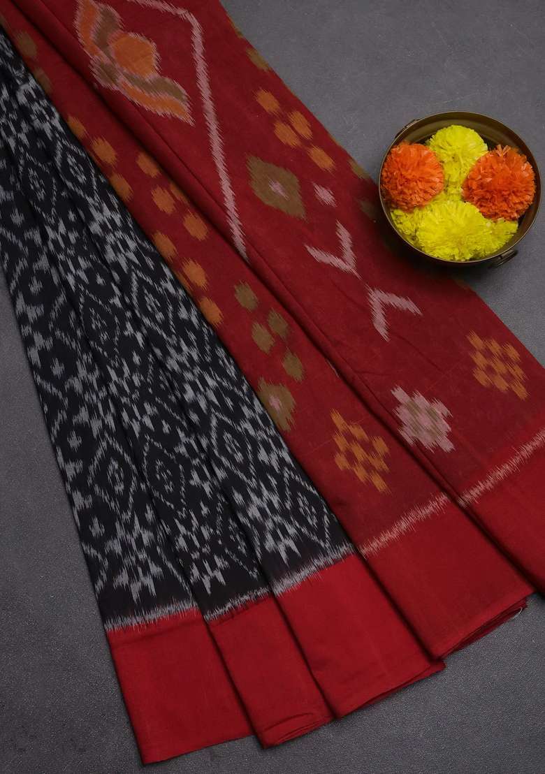 Ikat Cotton Saree Black And Red With Allover Ikat Weaves And Simple Border With Traditional Woven Design For Women - Indya