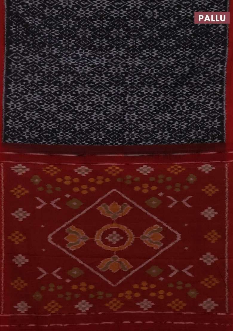 Ikat Cotton Saree Black And Red With Allover Ikat Weaves And Simple Border With Traditional Woven Design For Women - Indya