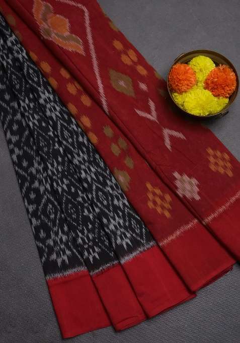 Ikat Cotton Saree Black And Red With Allover Ikat Weaves And Simple Border With Traditional Woven Design For Women