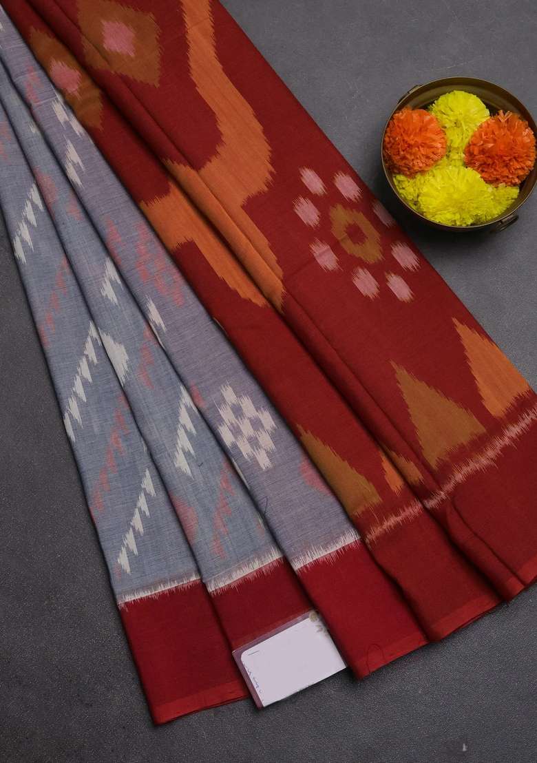 Ikat Cotton Saree Grey And Red With Allover Ikat Woven Butta Weaves And Simple Border With Buttas And Brocade Design For Women - Indya