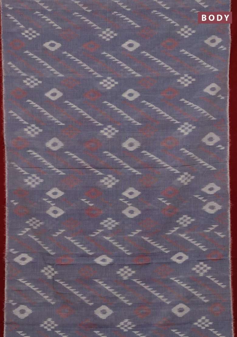 Ikat Cotton Saree Grey And Red With Allover Ikat Woven Butta Weaves And Simple Border With Buttas And Brocade Design For Women - Indya