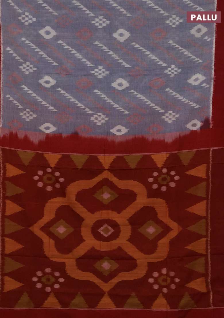 Ikat Cotton Saree Grey And Red With Allover Ikat Woven Butta Weaves And Simple Border With Buttas And Brocade Design For Women - Indya
