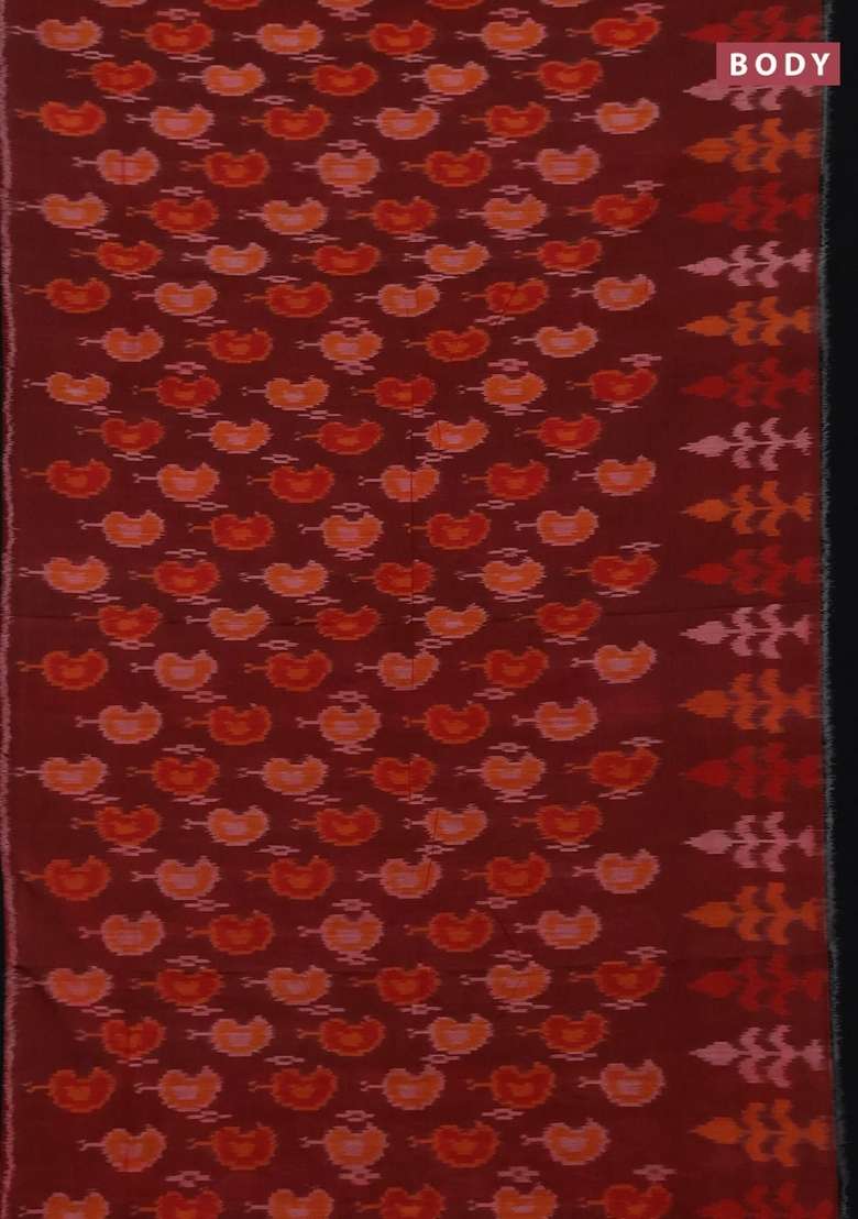 Ikat Cotton Saree Deep Maroon And Black With Allover Ikat Woven Buttas And Simple Border With Buttas And Brocade Design For Women - Indya