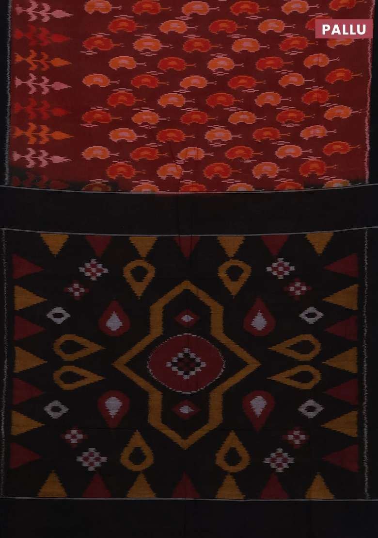 Ikat Cotton Saree Deep Maroon And Black With Allover Ikat Woven Buttas And Simple Border With Buttas And Brocade Design For Women - Indya