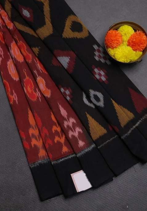 Ikat Cotton Saree Deep Maroon And Black With Allover Ikat Woven Buttas And Simple Border With Buttas And Brocade Design For Women