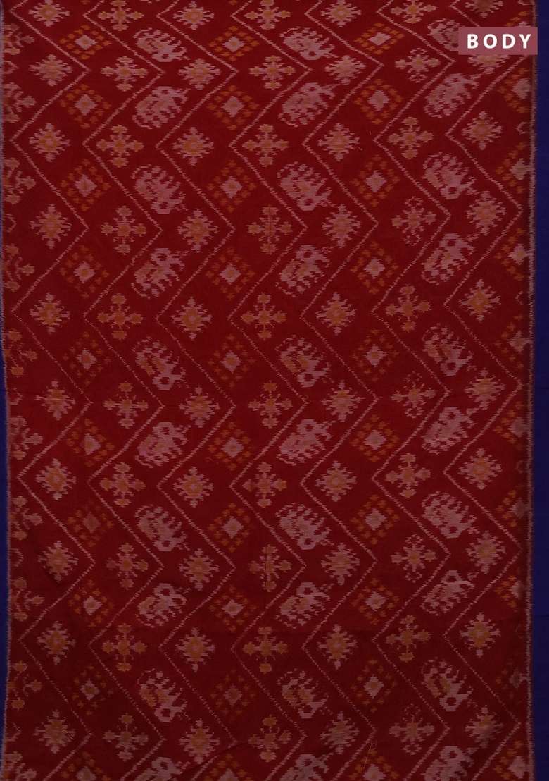 Ikat Cotton Saree Maroon And Blue With Allover Ikat Weaves And Simple Border With Traditional Woven Design For Women - Indya