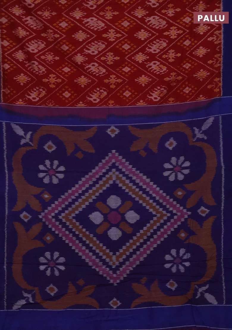 Ikat Cotton Saree Maroon And Blue With Allover Ikat Weaves And Simple Border With Traditional Woven Design For Women - Indya