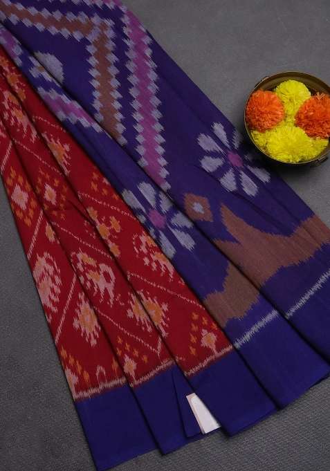 Ikat Cotton Saree Maroon And Blue With Allover Ikat Weaves And Simple Border With Traditional Woven Design For Women
