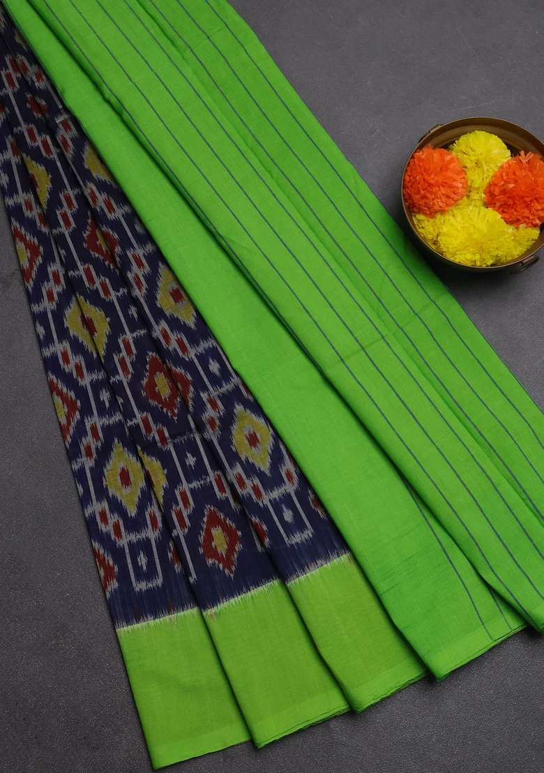 Ikat Cotton Saree Blue And Light Green With Allover Ikat Weaves And Simple Border With Traditional Woven Design For Women - Indya