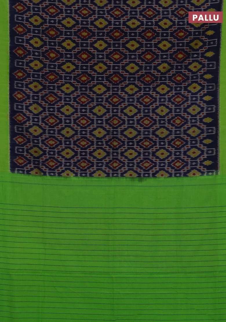 Ikat Cotton Saree Blue And Light Green With Allover Ikat Weaves And Simple Border With Traditional Woven Design For Women - Indya