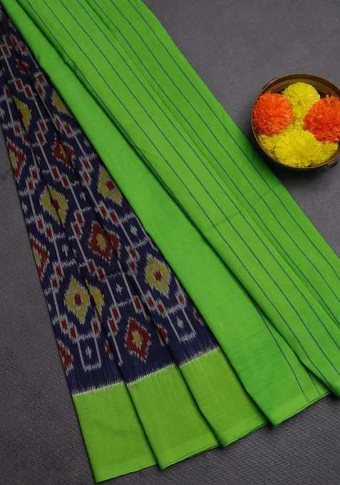Ikat Cotton Saree Blue And Light Green With Allover Ikat Weaves And Simple Border With Traditional Woven Design For Women