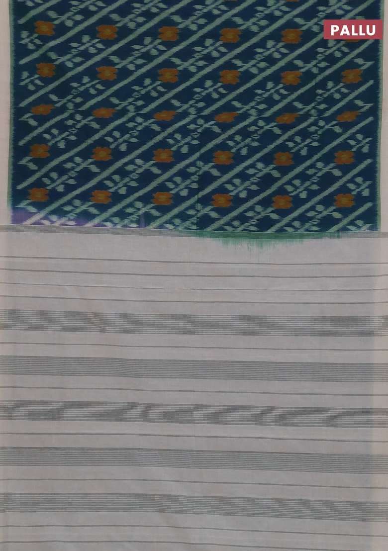 Ikat Cotton Saree Peacock Blue And Off White With Allover Ikat Weaves And Simple Border With Traditional Woven Design For Women - Indya
