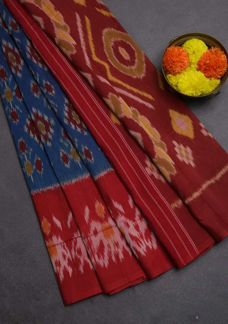 Ikat Cotton Saree Peacock Blue And Red With Allover Ikat Weaves And Long Ikat Woven Border With Traditional Woven Design For Women - Indya