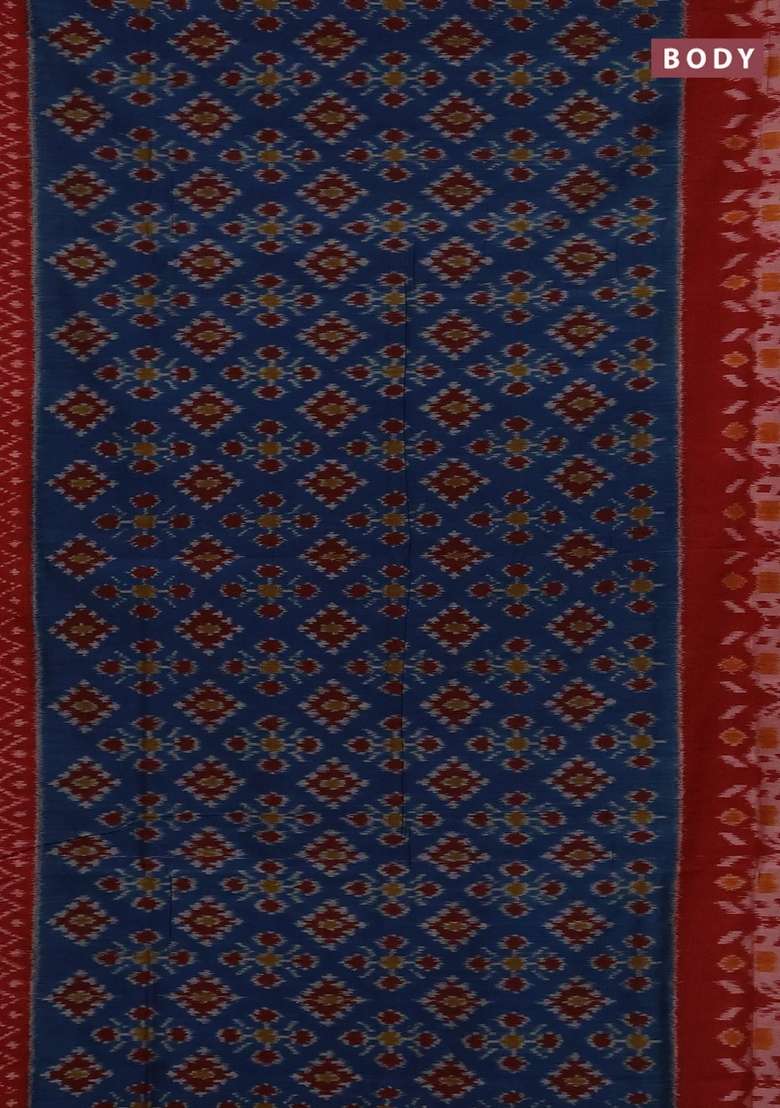 Ikat Cotton Saree Peacock Blue And Red With Allover Ikat Weaves And Long Ikat Woven Border With Traditional Woven Design For Women - Indya