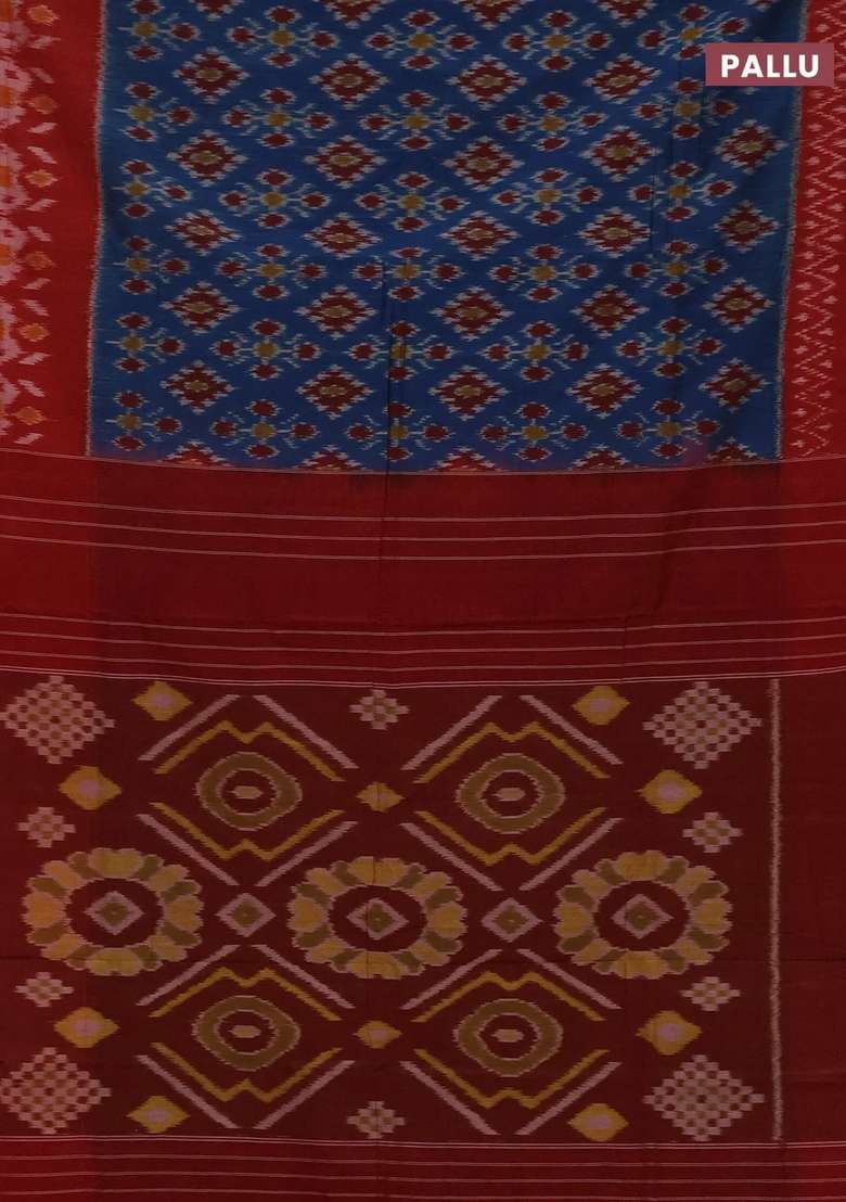 Ikat Cotton Saree Peacock Blue And Red With Allover Ikat Weaves And Long Ikat Woven Border With Traditional Woven Design For Women - Indya