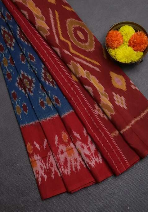 Ikat Cotton Saree Peacock Blue And Red With Allover Ikat Weaves And Long Ikat Woven Border With Traditional Woven Design For Women