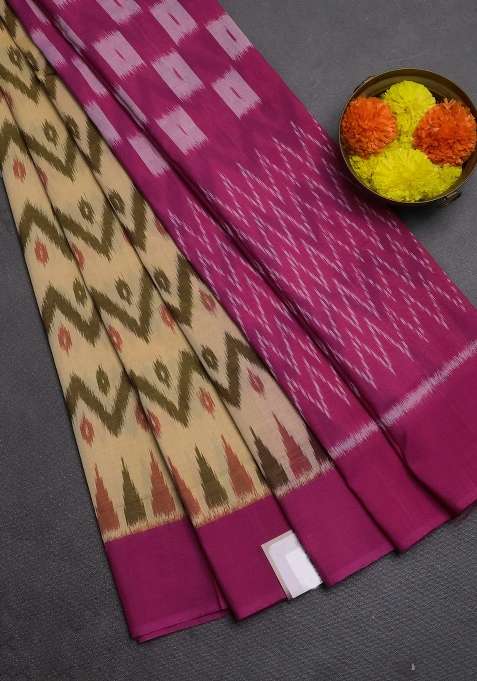 Ikat Cotton Saree Peach Shade And Pink With Allover Ikat Zigzag Weaves And Simple Border With Traditional Woven Design For Women