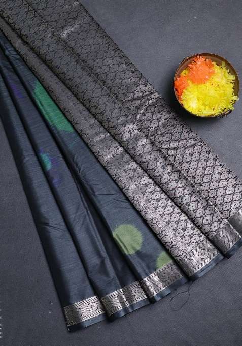 Bangalori Silk Saree Elephant Grey With Allover Ikat Weaves And Zari Woven Border With Traditional Woven Design For Women