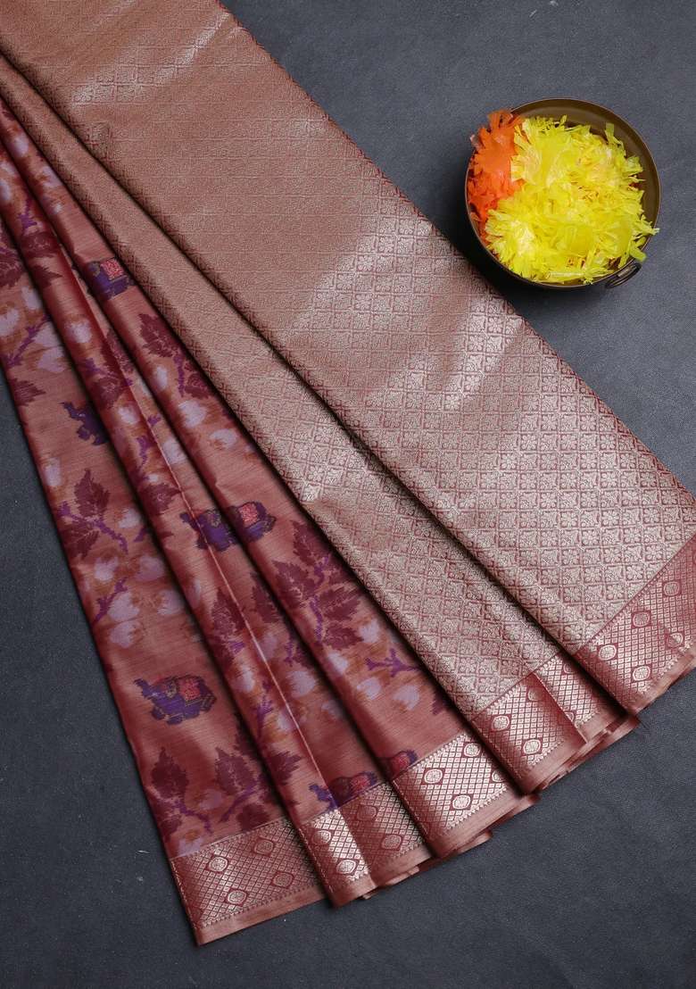 Bangalori Silk Saree Dark Sandal With Allover Ikat Weaves And Zari Woven Border With Traditional Woven Design For Women - Indya