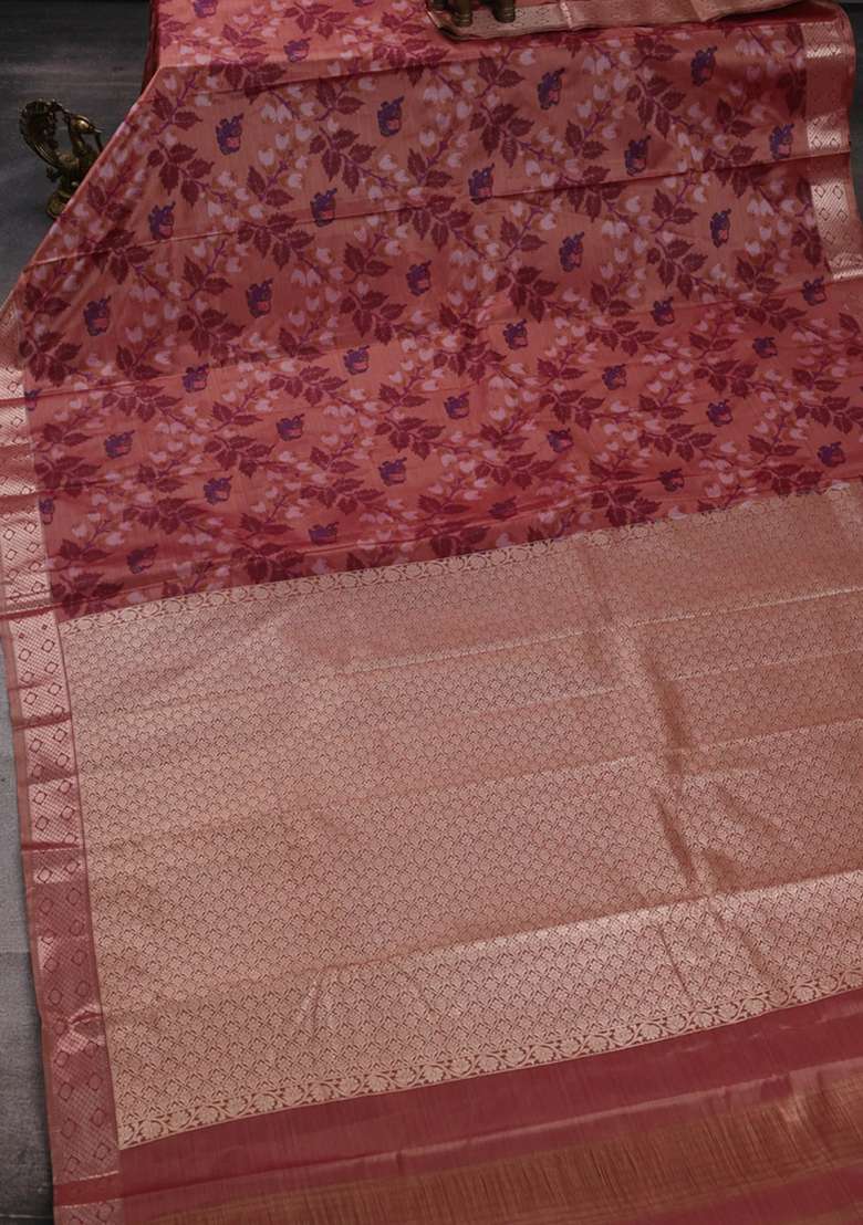 Bangalori Silk Saree Dark Sandal With Allover Ikat Weaves And Zari Woven Border With Traditional Woven Design For Women - Indya