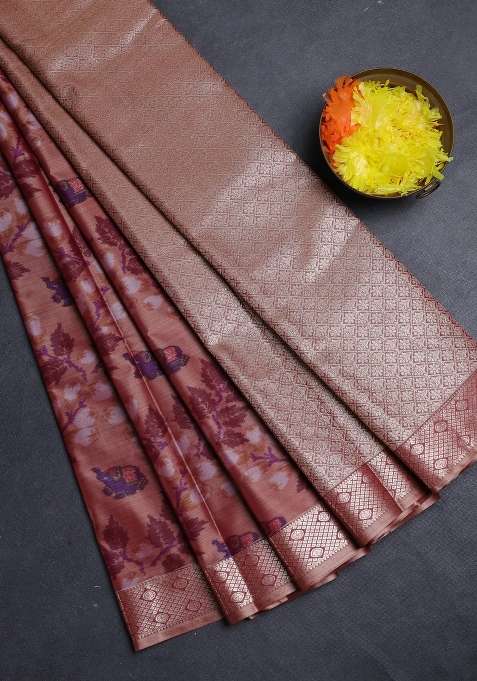 Bangalori Silk Saree Dark Sandal With Allover Ikat Weaves And Zari Woven Border With Traditional Woven Design For Women