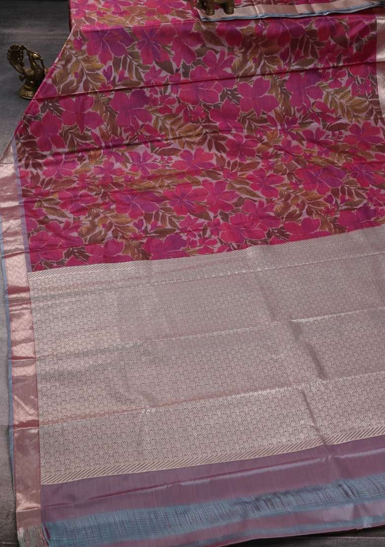 Bangalori Silk Saree Grey And Dark Pink With Allover Ikat Weaves And Zari Woven Border With Traditional Woven Design For Women - Indya