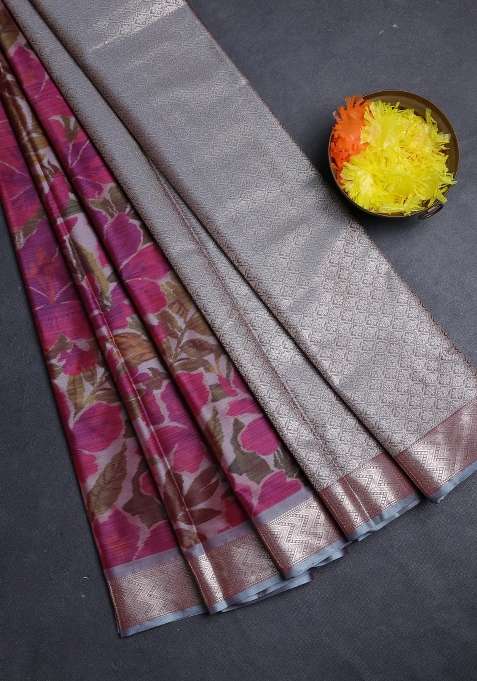Bangalori Silk Saree Grey And Dark Pink With Allover Ikat Weaves And Zari Woven Border With Traditional Woven Design For Women