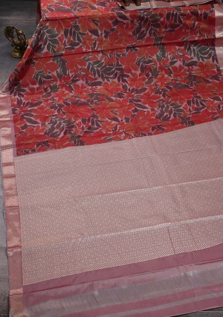 Bangalori Silk Saree Grey And Rust Shade With Allover Ikat Weaves And Zari Woven Border With Traditional Woven Design For Women - Indya