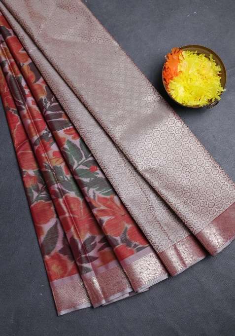 Bangalori Silk Saree Grey And Rust Shade With Allover Ikat Weaves And Zari Woven Border With Traditional Woven Design For Women