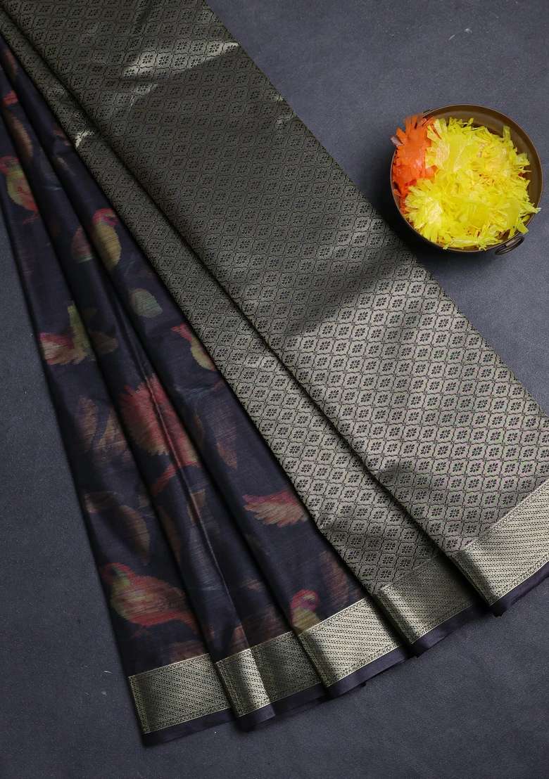 Bangalori Silk Saree Black With Allover Ikat Weaves And Zari Woven Border With Traditional Woven Design For Women - Indya