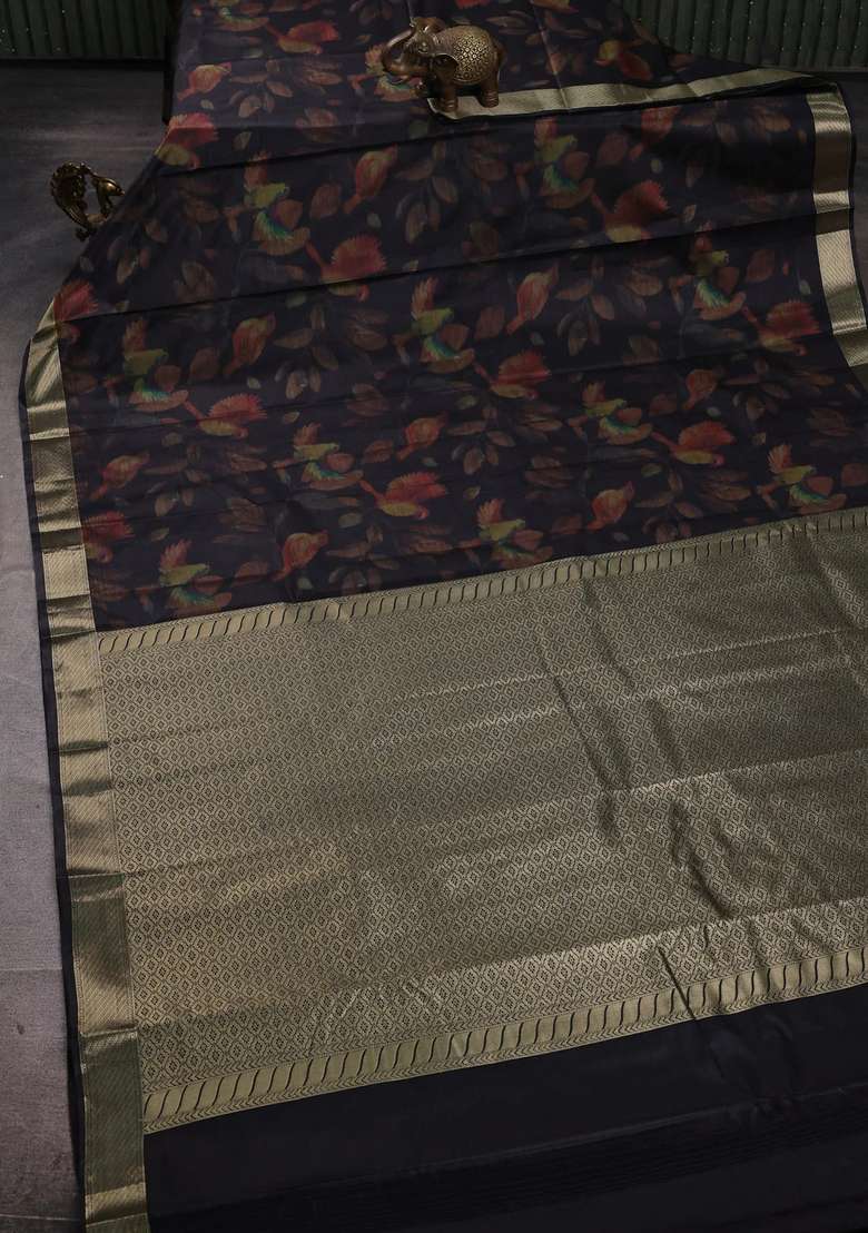 Bangalori Silk Saree Black With Allover Ikat Weaves And Zari Woven Border With Traditional Woven Design For Women - Indya