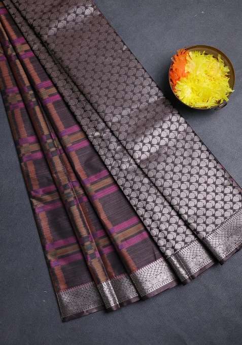Bangalori Silk Saree Brown With Allover Ikat Weaves And Zari Woven Border With Traditional Woven Design For Women